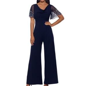 BETSY & ADAM SZ S 4 navy blue embellished beaded flutter sleeve jumpsuit NEW B47